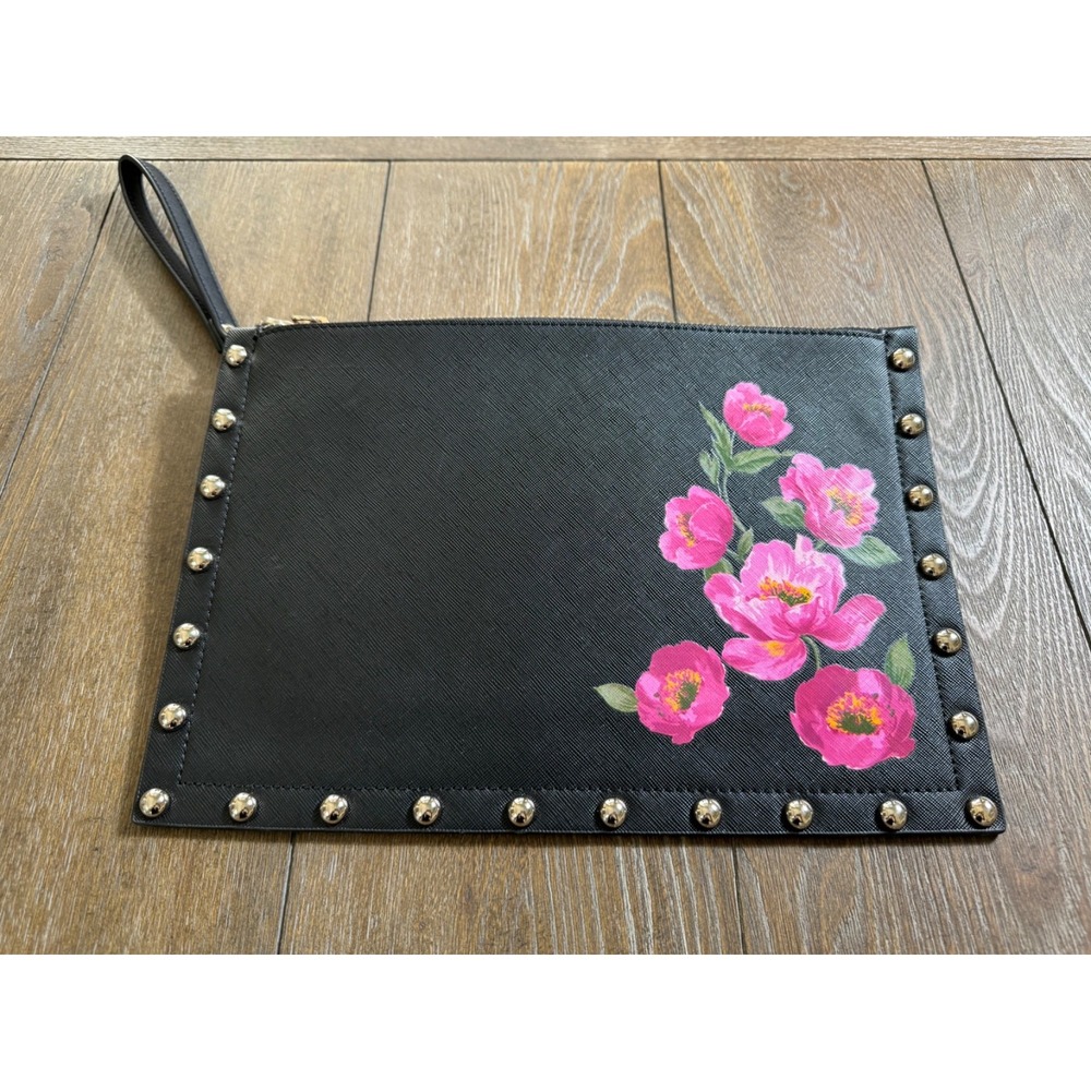White House Black Market Wristlet Black Finish With Gold Studs & Floral Design